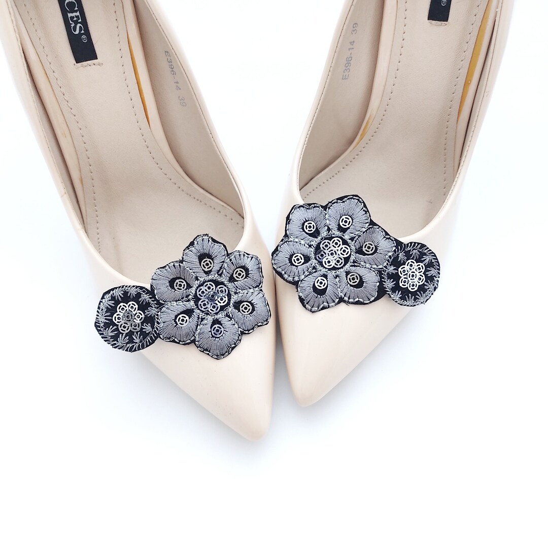 Embroidered Black and Gray Shoe Clips Sequin Shoe Decorations Floral