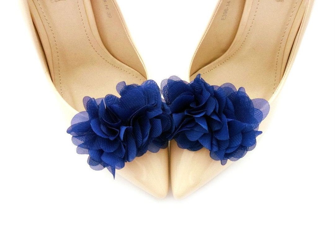 Dark Blue Shoe Clips, Wedding Blue Shoe Clips Flowers, Flower Shoes