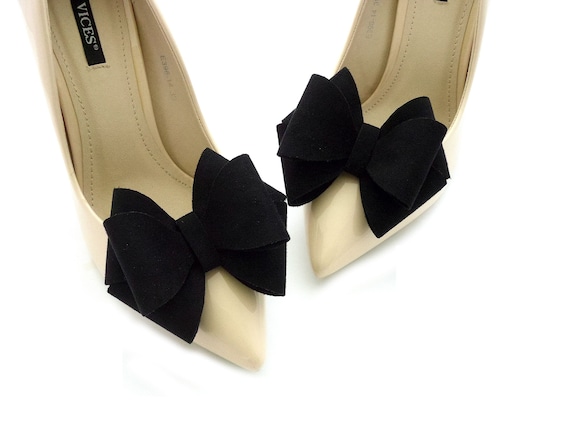 Black suede shoe clips big bows 