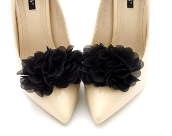 black shoe clips, pompons flowers black , shoe clips , pompon shoes clips shoe accessories , shoe clips wedding , shoe clip , shoe clips