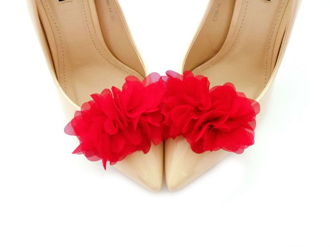 Red Shoe Clips Flowers, Red Pompoms Fowers Shoe Clips, Bridal Shoe