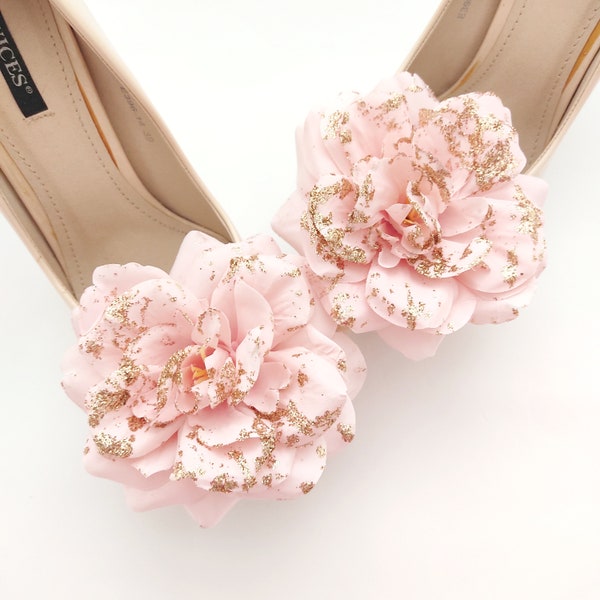 large flowers pink with gold brokade shoe clips powder shoe clips wedding decorations shoe clips flowers shoes clips bridal pink and gold