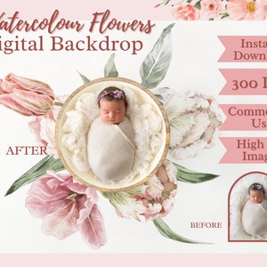 Watercolor Newborn Digital Background Backdrop Pretty Botanicals Floral Flowers Baby Girl Composite Instant Download