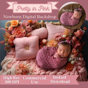 Newborn digital backdrop girl, Newborn digital backdrop pink, pink backdrop, flowers backdrop, Best backdrop for girls, pink props