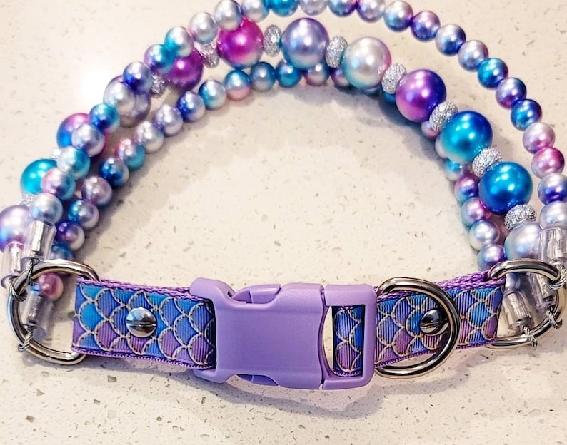 May include: A purple and blue beaded dog collar with a purple buckle and a mermaid scale pattern on the strap.