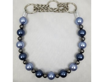 May include: A silver chain dog collar with a row of blue and gray beads.