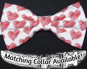 Red Hearts Dog Bow tie | Sketched Red Hearts on White | Valentines Bow tie | Removable Dog Bow tie | Cool Dog Collars, Large Dog, Small Dogs