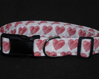 Red Hearts Dog Collar | With Dog Bow tie | Sketched Valentine Hearts on White | Cool Dog Collar | Large Dogs | Small Dogs | Show Dog Collars