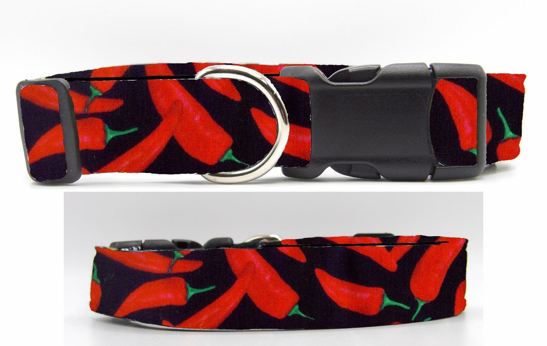 Chili Pepper Dog Collar, With Dog Bow Tie, Red Chili Peppers on Black