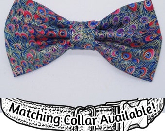 Peacock Feathers Dog Bow tie, Red & Purple Feathers on Blue, Removable Dog Bow tie, Matching Collar, Cool Dog Collar, Large Dog, Small Dog
