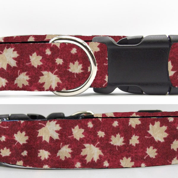 Maple Leaf Dog Collar, With Dog Bow tie, Tan Leaves on Dark Red, Canada Day, Autumn, Cool Dog Collars, Large Dogs, Small Dogs, Show Dog