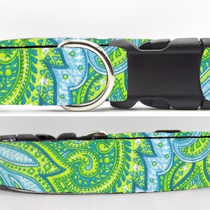 Springtime Dog Collar, With Dog Bow tie, Light Green, Yellow & Blue Paisley, Cool Dog Collar, Large Dog, Small Dog, Show Dog Collar
