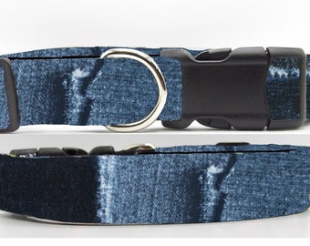 Denim Patch Dog Collar, With Dog Bow tie, Frayed Denim Patches, Navy Blue, Country Western Collar, Cool Dog Collars, Large Dogs, Small Dogs