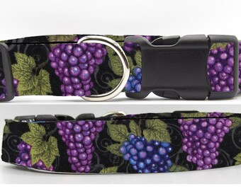 Fresh Grapes Dog Collar, With Dog Bow tie, Purple & Blue Grape Bunches with Leaves, Cool Dog Collar, Large Dog, Small Dog, Show Dog Collar