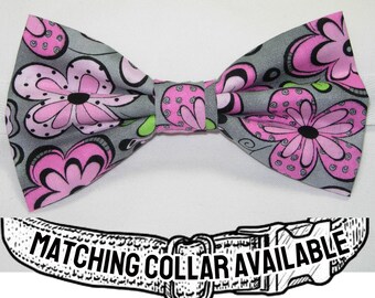 Flower Power Dog Bow tie, Pink Flowers on Gray, Removable Dog Bow tie, Retro Dog Collar, Cool Dog Collars, Large Dogs, Small Dogs
