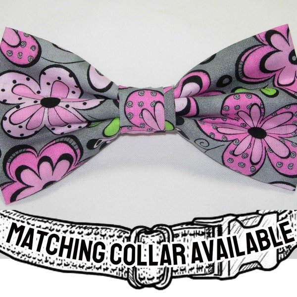 Flower Power Dog Bow tie, Pink Flowers on Gray, Removable Dog Bow tie, Retro Dog Collar, Cool Dog Collars, Large Dogs, Small Dogs