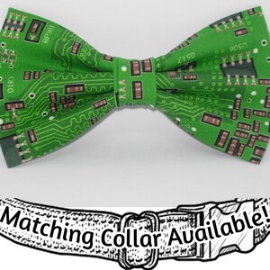 May include: Green bow tie with a circuit board pattern. The bow tie has a matching collar available.
