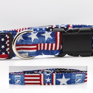 May include: A blue, red, and white dog collar with a patriotic American flag design. The collar has a black buckle and a silver D-ring.
