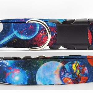 Outer Space Dog Collar, With Dog Bow tie, Blue Planets & Stars in Deep Space, Stargazer, Cool Dog Collar, Large Dogs, Small Dogs, Show Dog