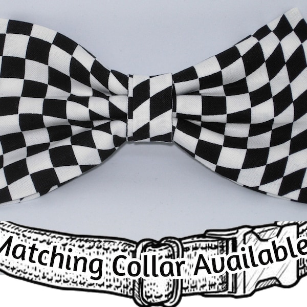 Race Day Dog Bow tie, Winners Wavy Checkered Flag, Black & White Checks, Matching Dog Collar, Cool Dog Collars, Large Dog, Small Dogs