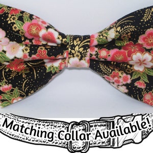 Oriental Floral Dog Bow tie, Delicate Pink & Red Flowers with Metallic Gold, Removable Dog Bow tie, Cool Dog Collar, Large Dog, Small Dog