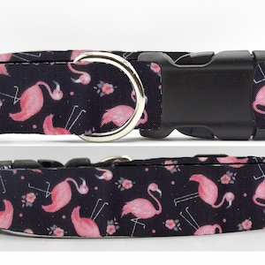 Flamingo Dog Collar, With Dog Bow tie, Pink Flamingos on Black, Tropical, Beach, Summer, Cool Dog Collars, Large Dog, Small Dog, Show Dogs