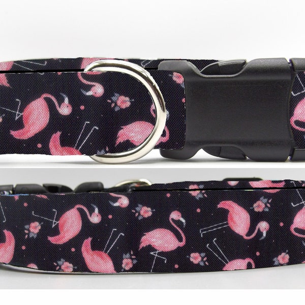 Flamingo Dog Collar, With Dog Bow tie, Pink Flamingos on Black, Tropical, Beach, Summer, Cool Dog Collars, Large Dog, Small Dog, Show Dogs