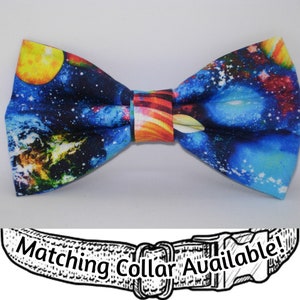 Outer Space Dog Bow tie | Blue Planets & Stars in Space | Removable Dog Bow tie | Wedding Bow tie | Cool Dog Collars | Large Dog, Small Dogs