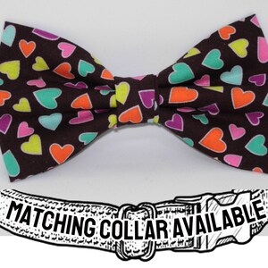 Mini Hearts Dog Bow tie | Coloful Hears on Brown | Valentines Day Bow tie | Removable Dog Bow tie | Cool Dog Collars, Large Dog, Small Dogs