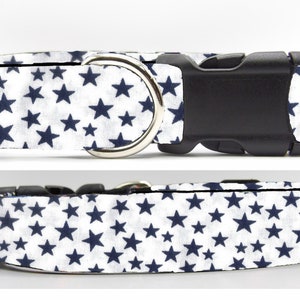 Super Star Dog Collar, With Dog Bow tie, Navy Blue Stars on White, Blue & White, Cool Dog Collar, Large Dogs, Small Dog, Show Dog Collar