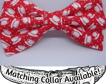 Tea Time Dog Bow tie | Mini White Coffee Cups | Barista | Removable Dog Bow tie | Red Bow tie | Cool Dog Collars, Large Dog, Small Dogs
