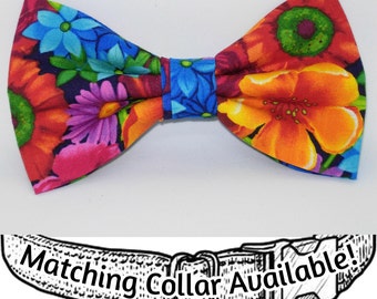 Bright Flowers Dog Bow tie | Orange, Blue, Purple Flowers | Removable Dog Bow tie | Matching Collar, Cool Dog Collars, Large Dog, Small Dogs