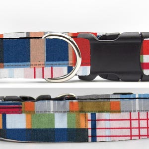 Handmade Madras Plaid Dog Collar, Patchwork Blue Red, Matching Bow tie Option,  Small-X Large