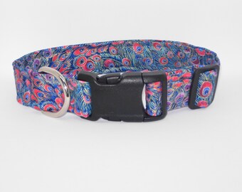 Peacock Feathers Dog Collar | With Dog Bow tie | Red & Purple Feathers on Blue | Cool Dog Collars | Large Dog | Small Dog | Show Dog Collar