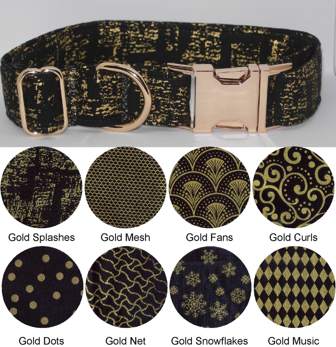 Black & Gold Dog Collar With Dog Bow Tie Gold Metal Buckle Metallic Gold Show Dog Collars Large