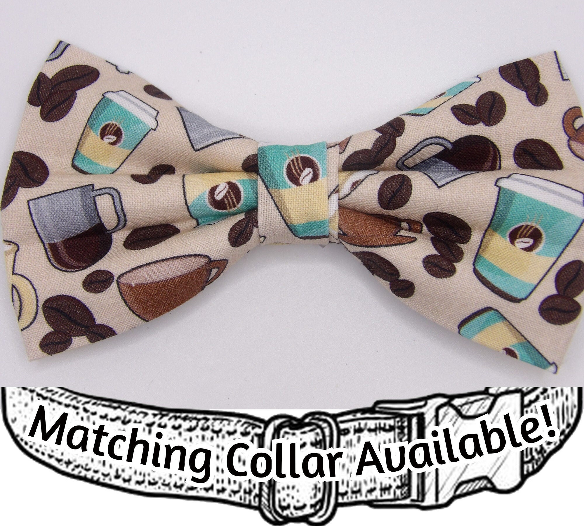Coffee Lover Dog Bow Tie Trendy Coffee Cups on Tan Barista 