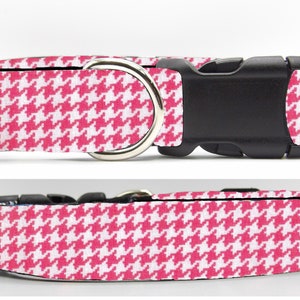 Pink & White Dog Collar, With Dog Bow tie, Classic Retro Houndstooth, Cool Bright Pink Dog Collar, Large Dog, Small Dog, Show Dog Collar