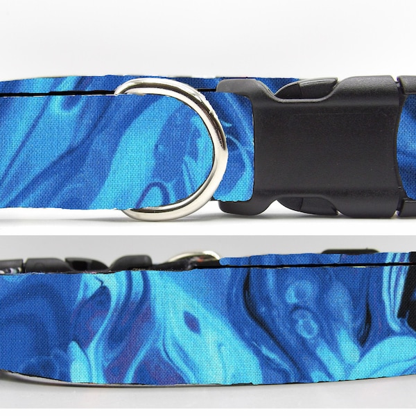 Trendy Sapphire Blue Dog Collar, With Dog Bow tie, Abstract Swirling Ocean Design, Cool Dog Collars, Large Dog, Small Dogs, Show Dog Collars