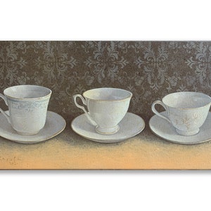 Tea cups, original painting 12x24in oil on canvas, kitchen painting, still life, wall decor, antique, textured Fine Art