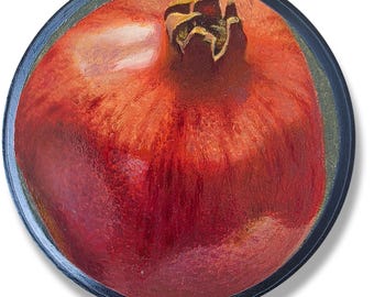 Granada. Pintura al óleo original súper realista sobre tabla redonda de madera de 5 x 5 pulgadas. Bodegón de cocina con frutas y alimentos. Bellas Artes.