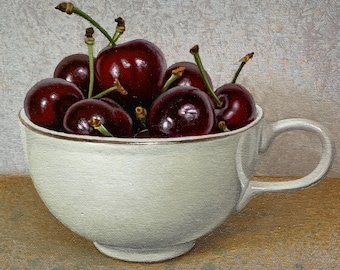 Cherry in a Cup. Super Realistic Art Original Painting Oil on Canvas Board 8x10in Framed Fruits Still Life Kitchen painting Fine Art