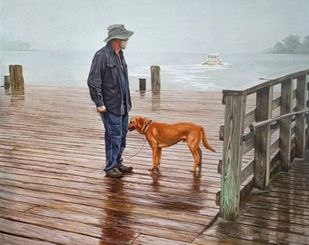 Alone Again. Oil Painting Print White Mat Landscape Father Rein Nature Boat Water Ocean Island Dog gift under 35