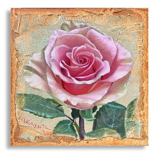 Pink rose, super realistic original painting 6x6in on textured craquelure wood board.  floral painting mothers day Fine Art