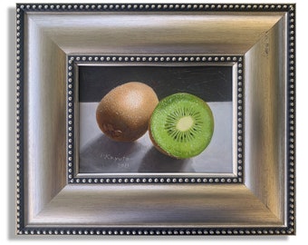 Kiwi. Super realistic original painting oil on board framed 5x7in kitchen painting still life food fruits Fine Art
