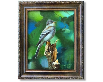 Bird, Photorealistic original painting 8x10in oil on canvas. Nature, green forest Fine Art