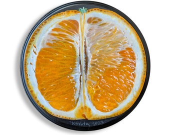 Orange. Super realistic original painting oil on round wooden board 6.75x6.75in kitchen painting still life food fruits Fine Art Citrus