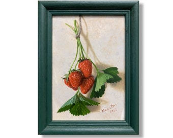 Strawberry. Super realistic original painting oil on board framed 5x7in kitchen painting still life food fruit Fine Art