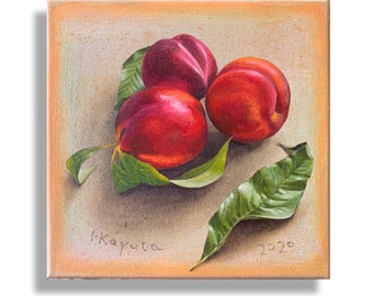 Nectarines by Inesa Kayuta, 8x8&quot;, oil on canvas, original painting, kitchen painting, fruit miniature, still life, super realistic Fine Art