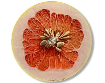 Pomelo. Super realistic original painting oil on round wooden board 8.5x8.5in kitchen painting still life food fruits Fine Art Citrus