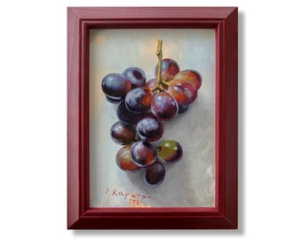 Black Grape. Fine Art Original Painting Oil on Board 5x7in Framed by Inesa Kayuta. Still Life Food Bar Painting